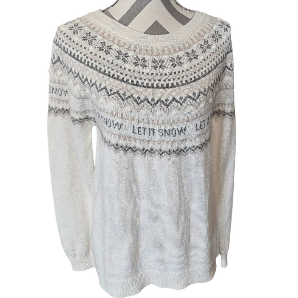 H&M LOGG Let It Snow Fair Isle Knit Sweater Cream Nordic Holiday Womens Med NWT